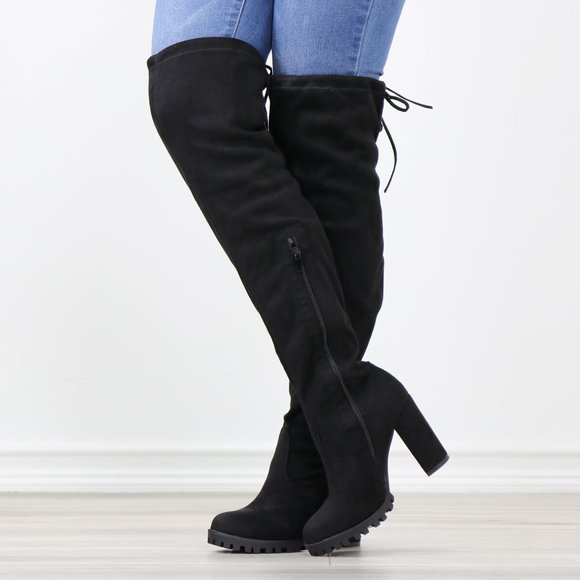 Black Faux Suede Round Toe Thigh High Over The Knee Block Lug High Heel Boots - Picture 9 of 13